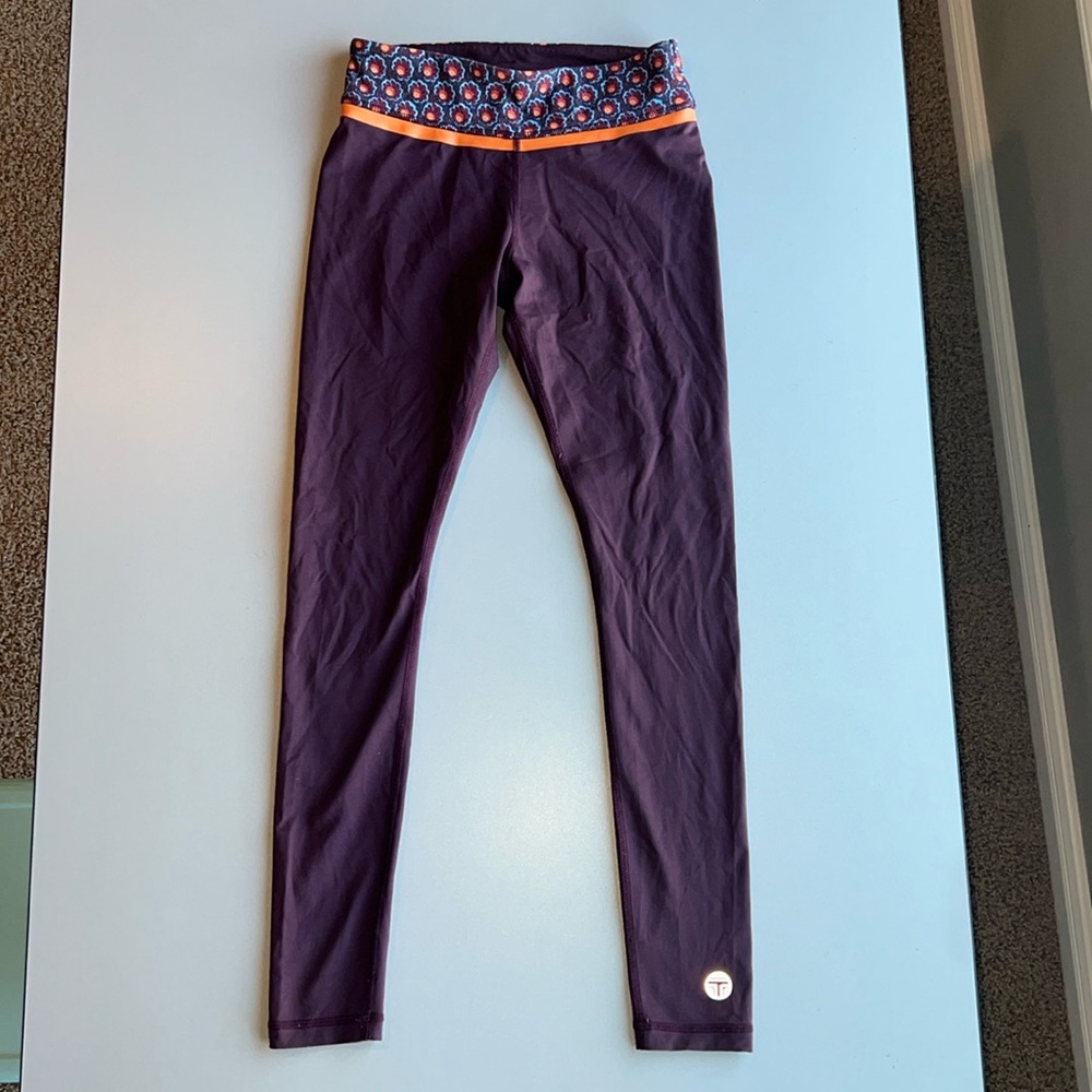 Tory Burch Plum Leggings with Patterned Waistband and Orange Trim